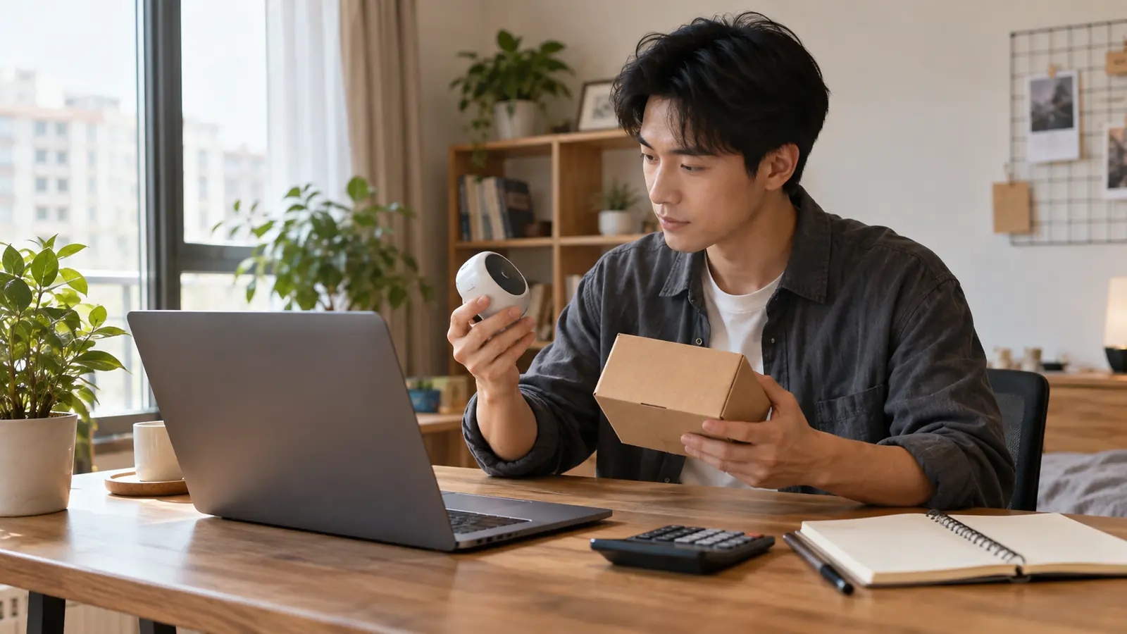Seller holding a product sample and plain carton beside a laptop and calculator