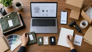 Ecommerce planning desk with store screens, product samples, packaging, and a barcode scanner