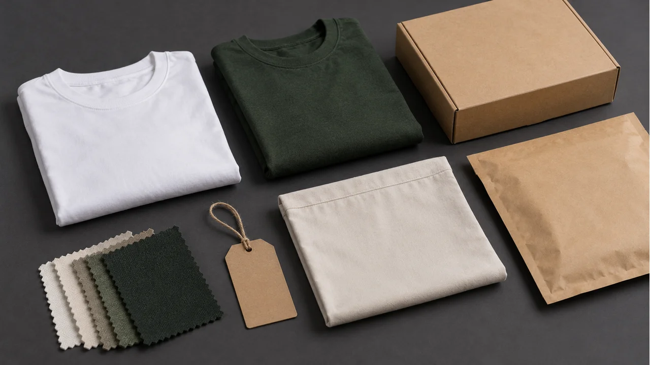 Unbranded apparel and packaging materials arranged for supplier evaluation