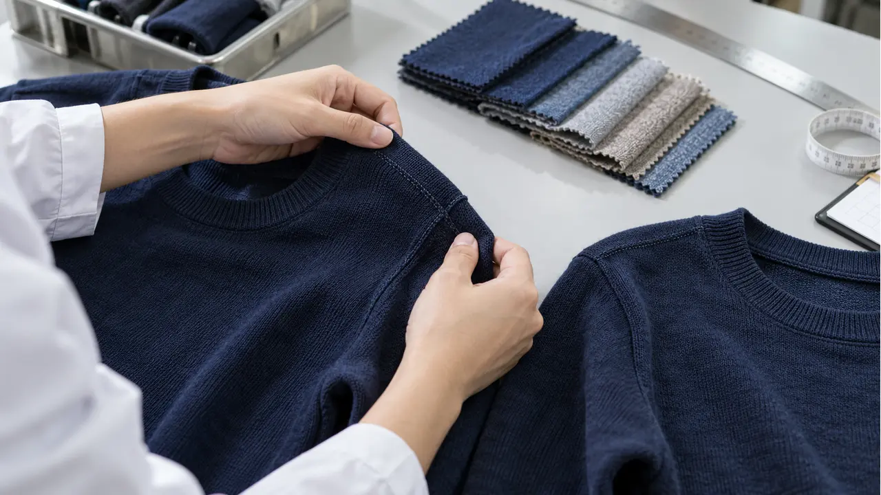 Garment samples being checked for fabric, stitching, and size
