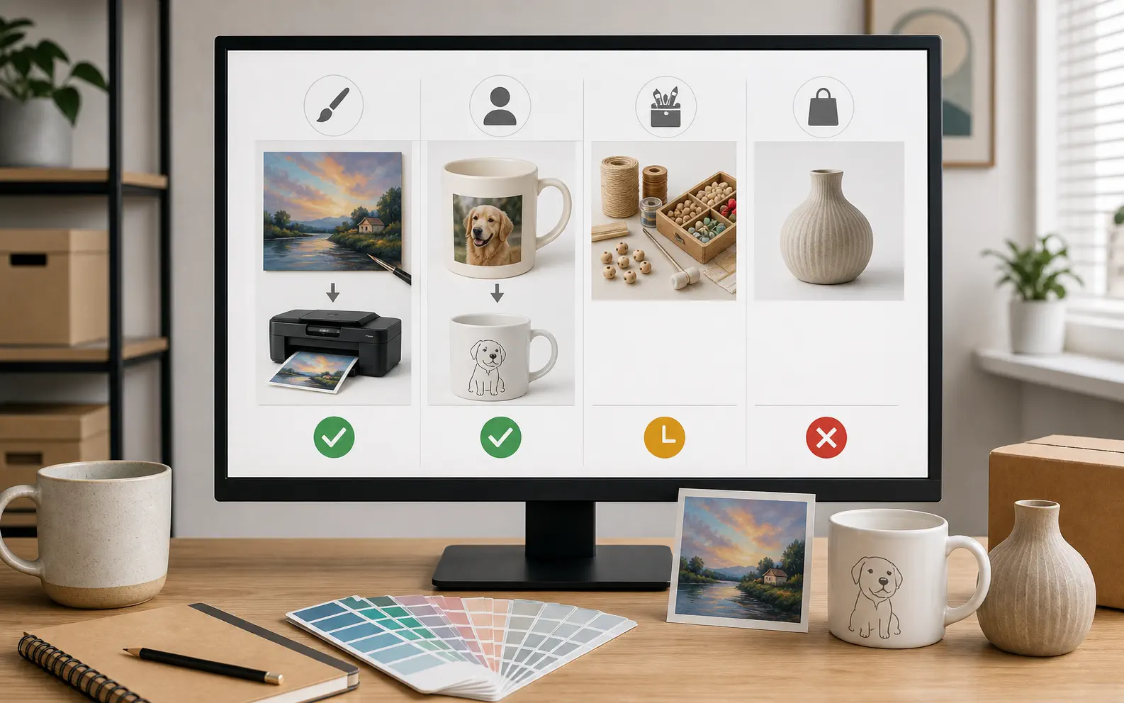 A printed decision board compares three compliant Etsy product paths with physical product samples