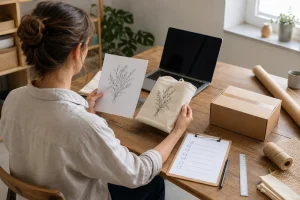 A creative seller compares an original floral design with a finished fabric sample beside a parcel and checklist