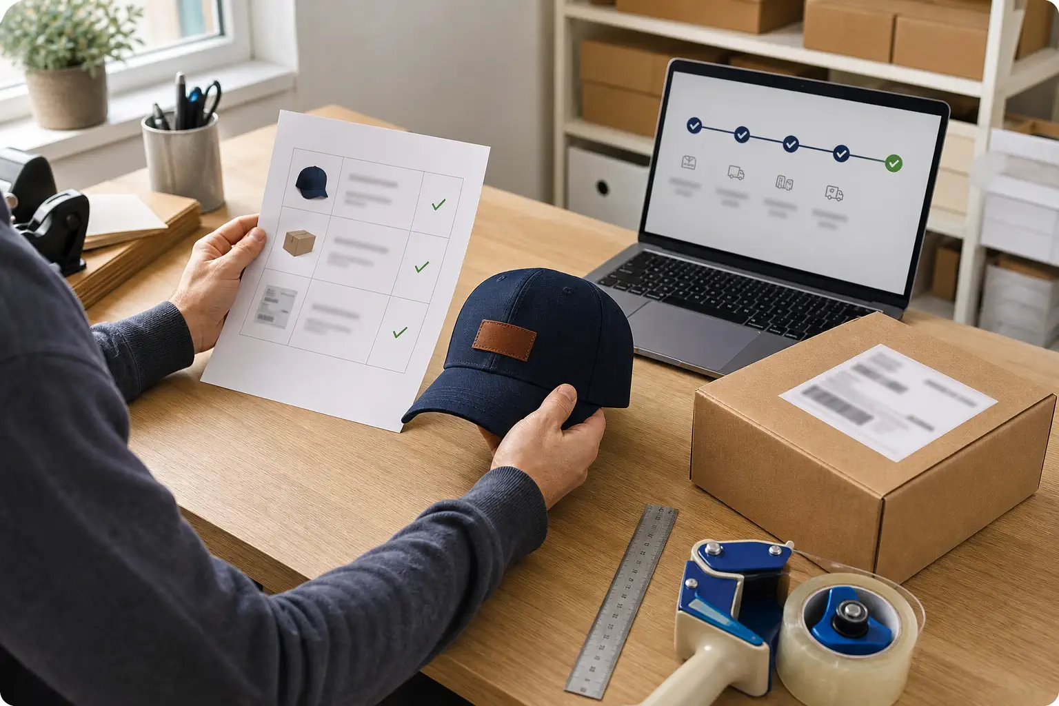 An ecommerce operator checks a printed order sheet, product sample, parcel, and tracking screen during a test order