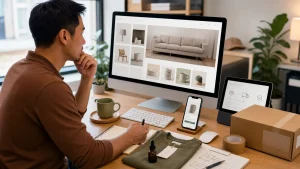 An ecommerce operator compares a generated storefront with a product sample, mobile checkout, order status, and parcel