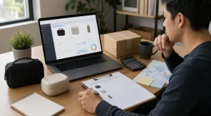 An ecommerce operator reviews an unbranded marketplace research screen, product samples, a parcel, calculator, and destination notes