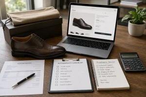 An unbranded leather shoe, supplier invoice, authenticity checklist, calculator, and neutral online listing are reviewed on a desk