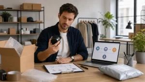 An ecommerce seller compares a product sample, packaging, order workflow, and return parcel