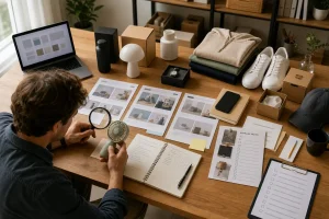 An ecommerce operator reviews unbranded products, storefront sheets, supplier notes, and checklists before choosing which store ideas to test
