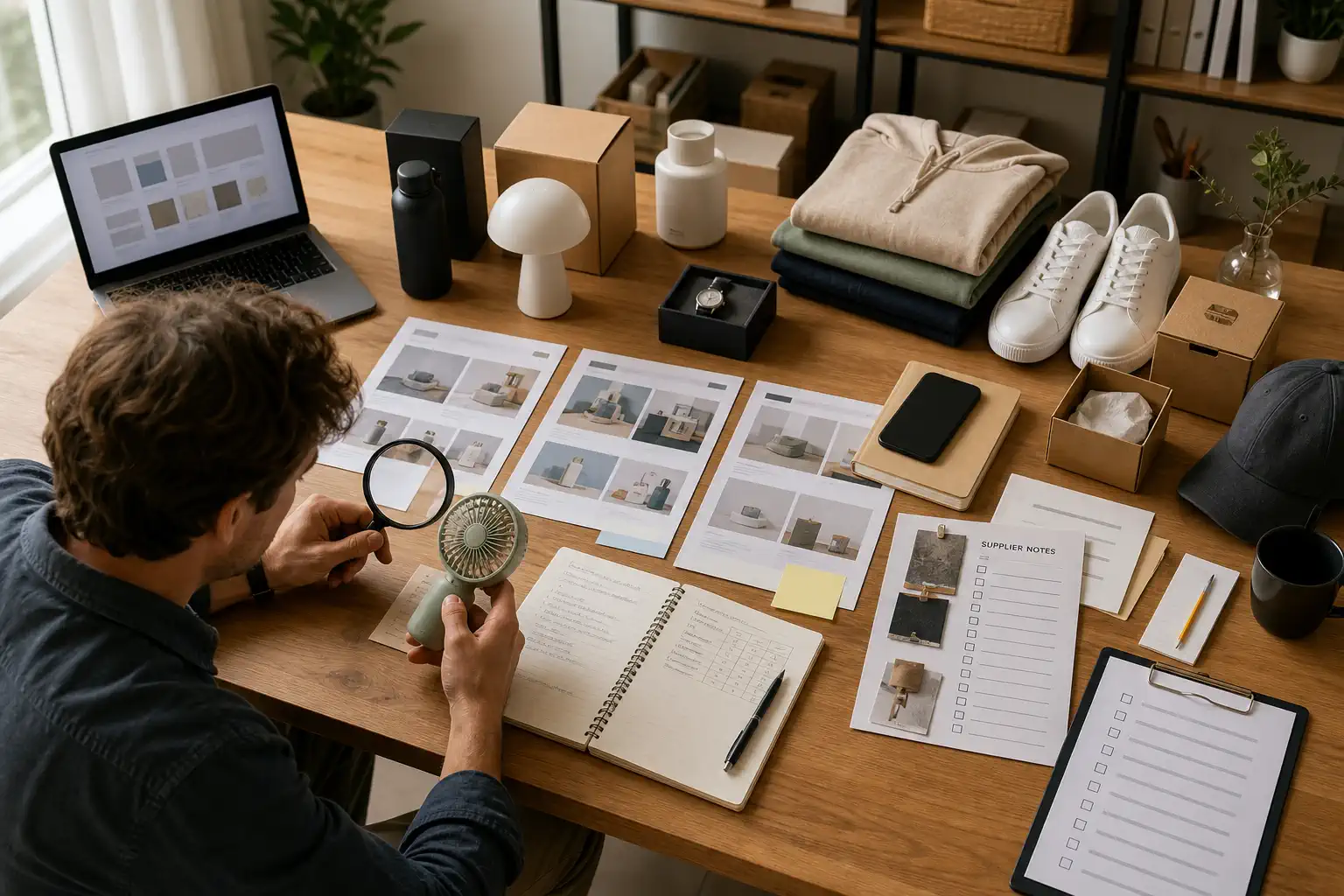 An ecommerce operator reviews unbranded products, storefront sheets, supplier notes, and checklists before choosing which store ideas to test
