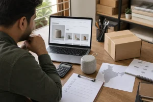 An ecommerce operator reviews an India map, product sample, parcel, calculator, storefront, and launch checklist