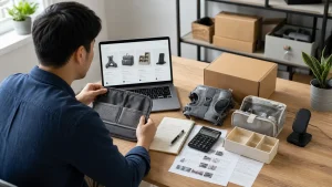 An ecommerce operator compares product samples, a parcel, cost notes, customer research, and a product screen