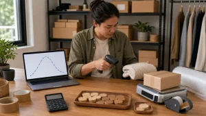 Ecommerce operator checking a product, parcel, scanner, cost scale, and performance curve