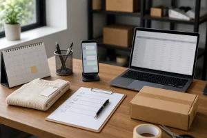 Ecommerce operations desk with supplier chat product sample confirmation checklist parcel calendar and order sheet