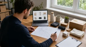 Ecommerce merchant comparing unbranded product samples, a parcel, a catalog, and European delivery routes