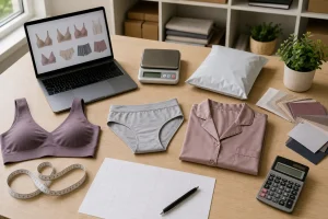 A lingerie ecommerce review desk with product samples, measurements, packaging, parcel scale, calculator, and storefront