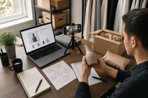 An ecommerce operator reviews an unbranded product sample, content setup, online storefront, parcel, and audience notes