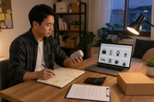 A part-time ecommerce operator reviews an unbranded product sample, weekly planner, online storefront, calculator, supplier checklist, and plain parcel
