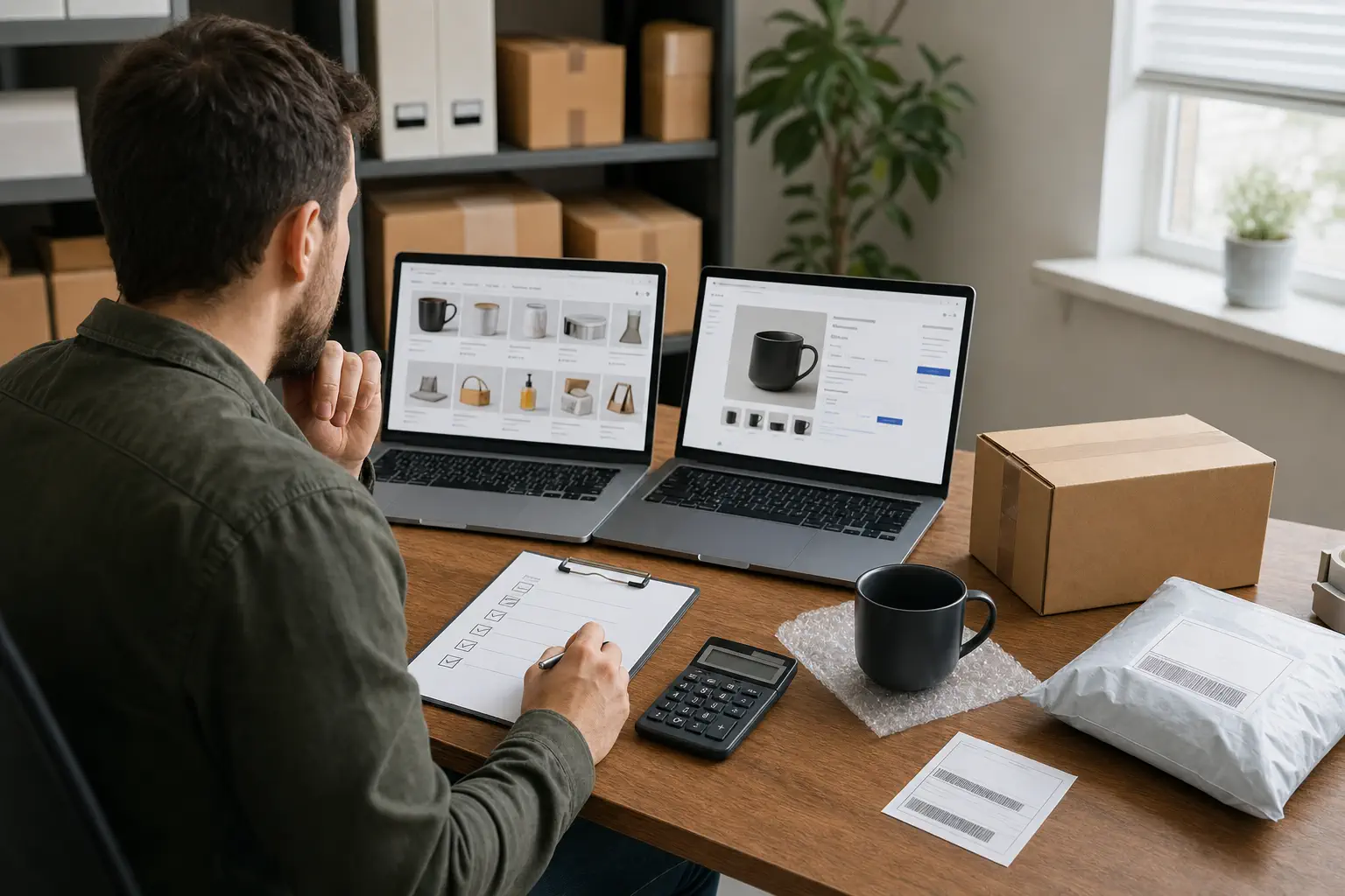 An ecommerce operator reviews supplier research, a marketplace listing, owned stock, a policy checklist, order cost, and parcels