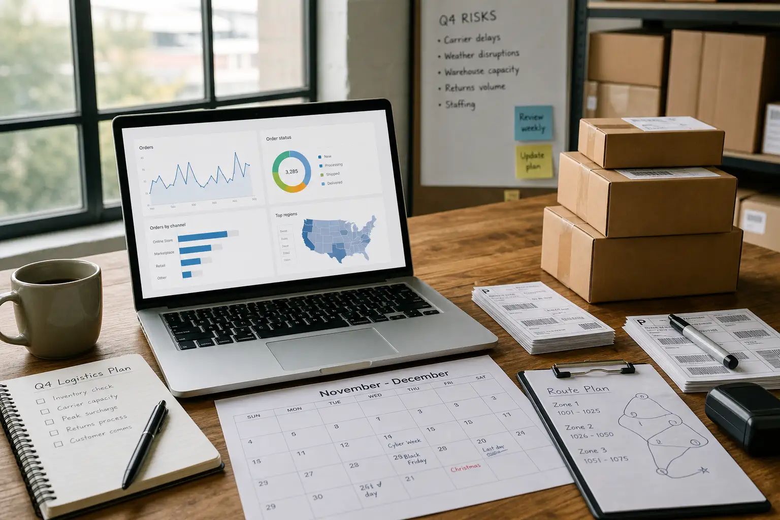 High-volume Shopify holiday logistics operations desk with parcels calendar route notes and dashboard