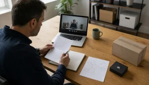 An ecommerce operator interviewing a private dropshipping agent with a checklist, sample product, and parcel