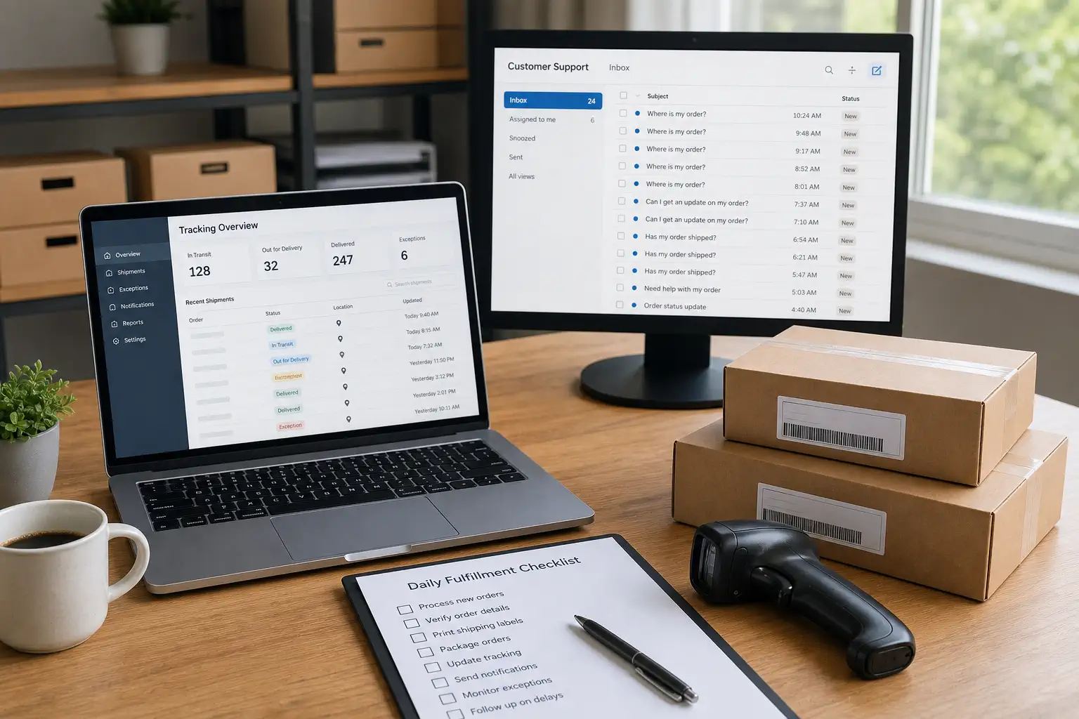 Ecommerce operations desk with tracking dashboard parcels and customer support inbox
