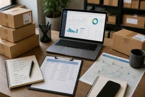 Ecommerce logistics control desk with parcel records and route planning notes