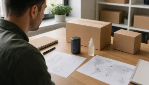 Compliance-first product sourcing desk with a battery device, liquid bottle, route notes and parcels