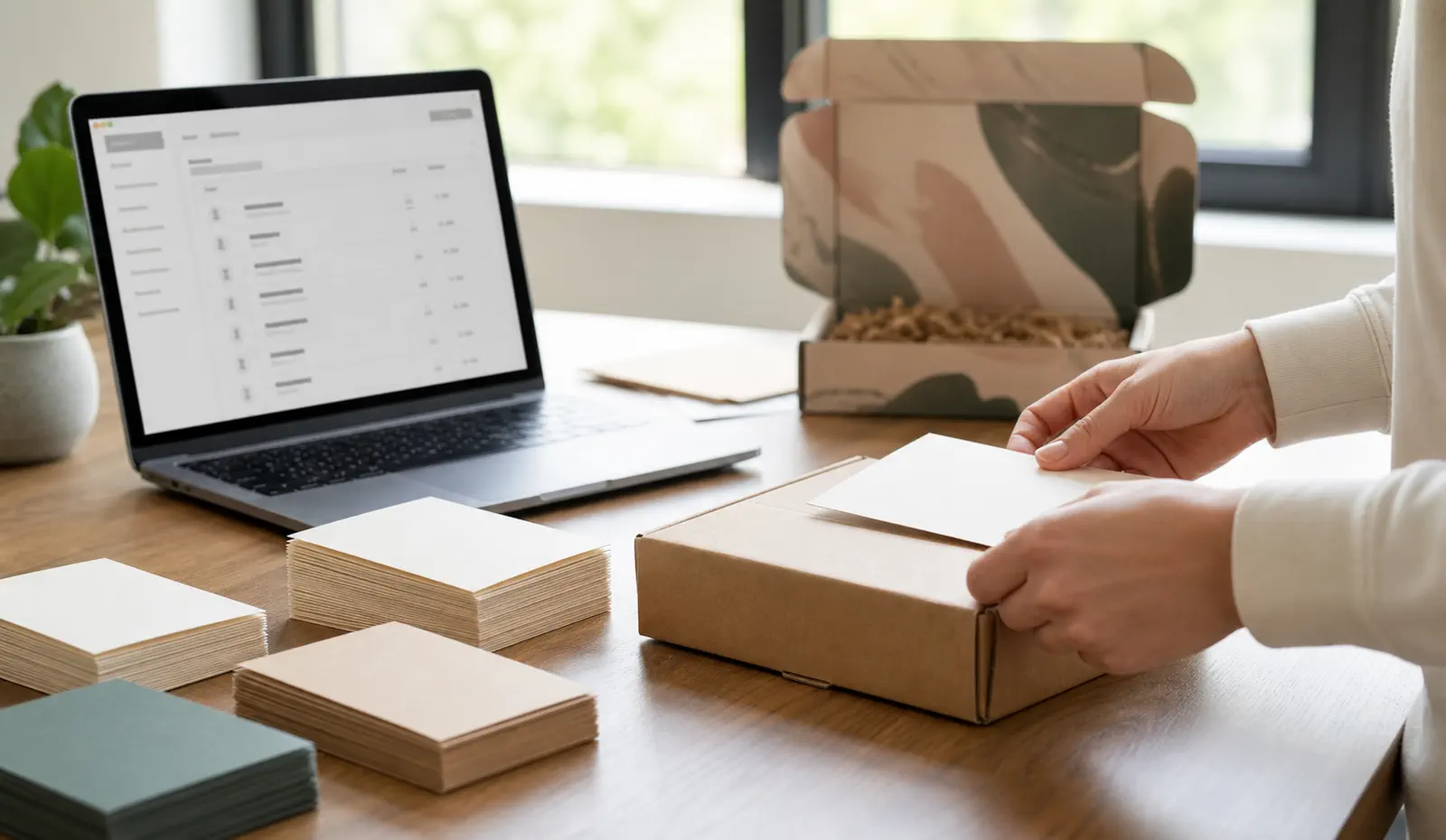 Ecommerce seller coordinating order data insert cards a packing test and a later-stage custom box