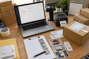 Ecommerce operations desk with parcels, scanner, packing evidence and a dispute-risk dashboard