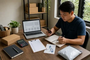 An ecommerce operator reviews a storefront, product sample, calculator, checklist, parcel, and Philippine market notes