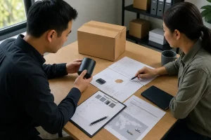 Two ecommerce operators review a product sample, supplier documents, a neutral parcel, and a marketplace order workflow