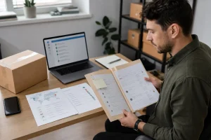 An ecommerce operator reviews an international parcel timeline with a customer support case folder