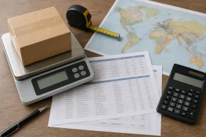 A parcel scale, measuring tape, calculator, rate sheets, and world map used to evaluate cross-border shipping costs.