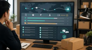 A seller reviews a cross-border route tracking timeline and risk checklist on an ecommerce shipping dashboard