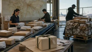 A cross-border parcel operations floor with air cargo consolidation and a carefully packaged independent brand order
