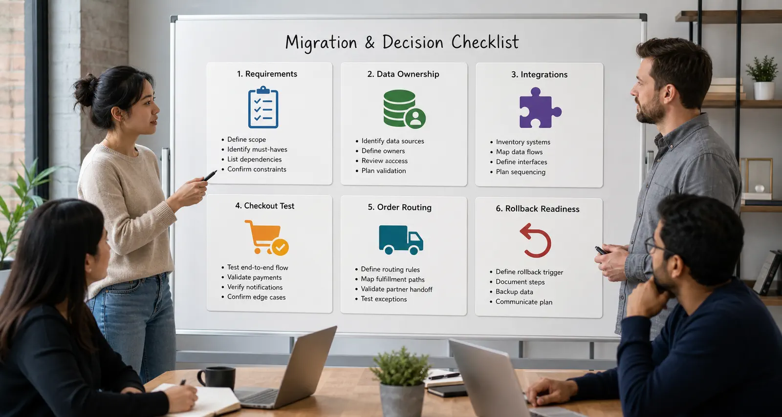 An ecommerce decision team reviewing a Shopify evaluation checklist
