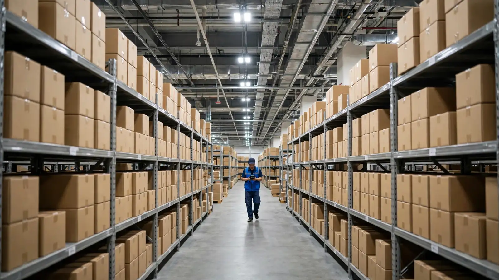 Fulfillment warehouse aisle with shelved orders ready for dispatch