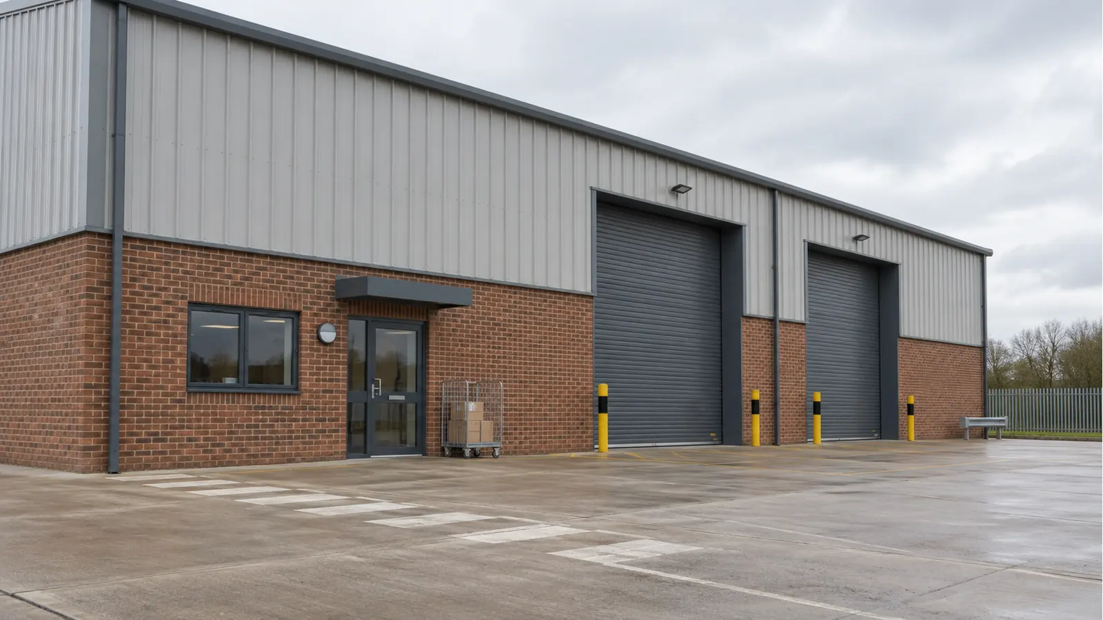 Illustrative unbranded fulfilment unit with loading doors and an office entrance