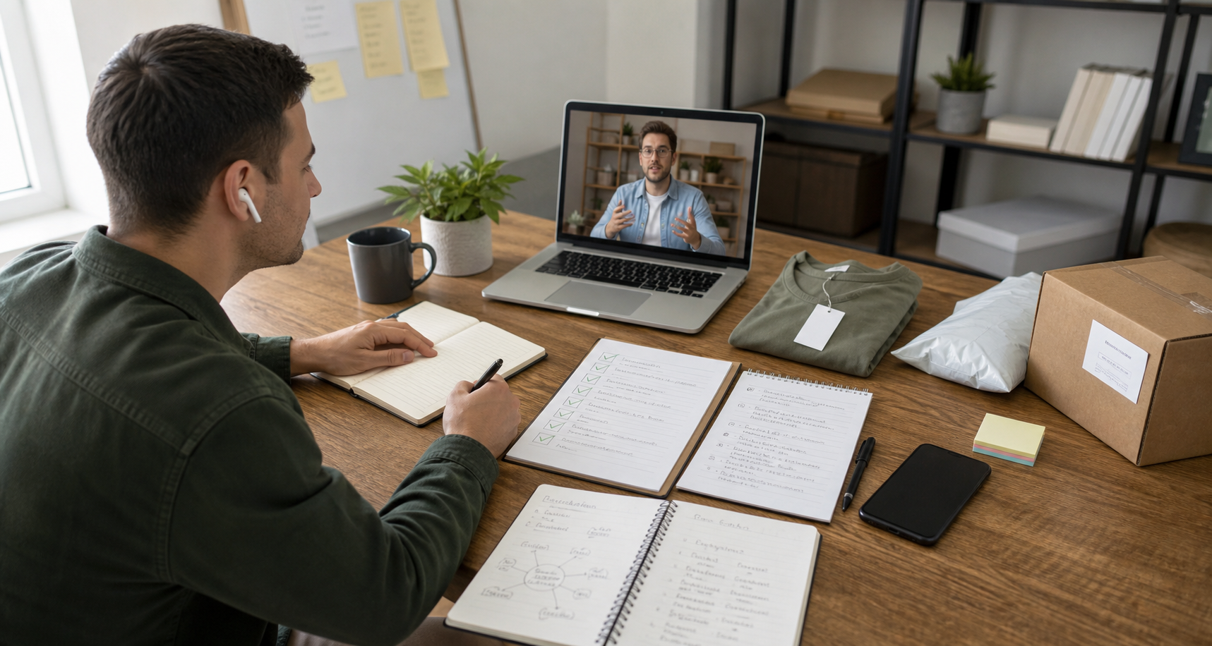 An ecommerce operator preparing completed work, samples, and focused questions for a mentor review