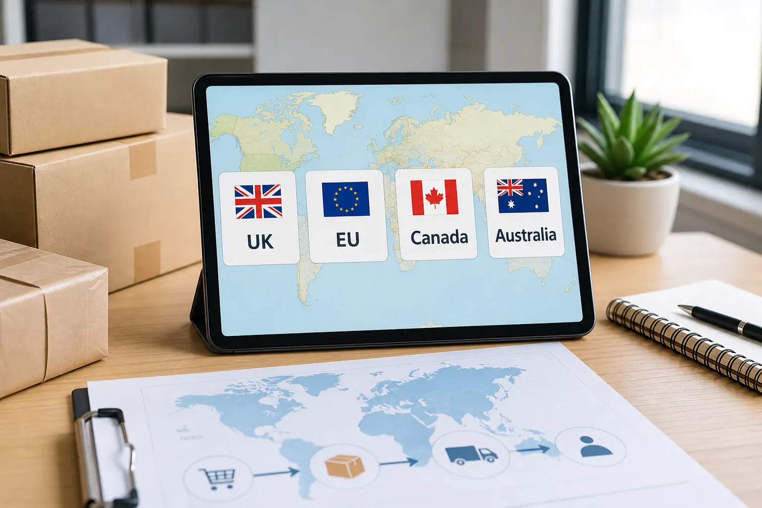 A photorealistic global destination planning screen with UK EU Canada and Australia cards