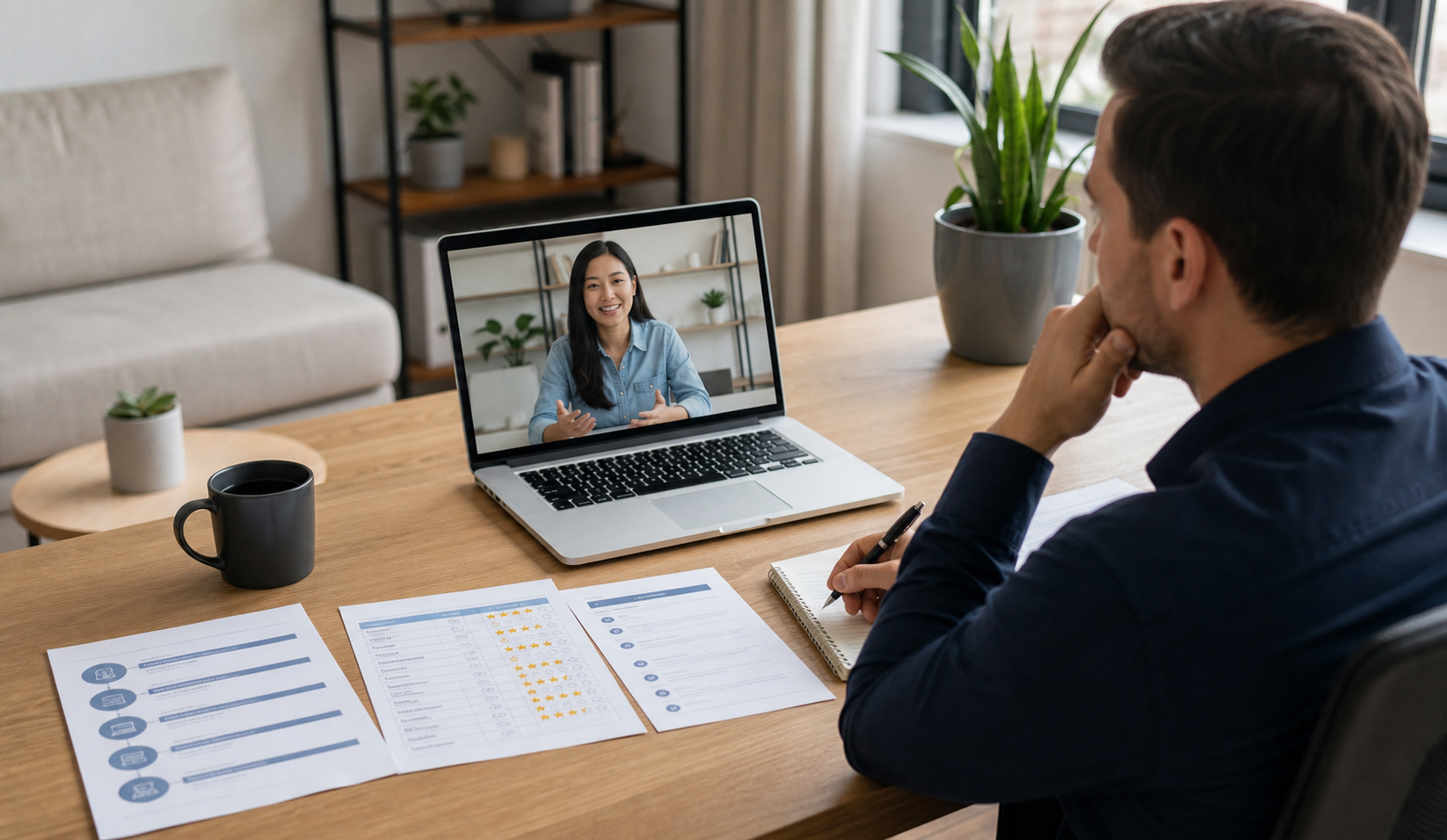 An ecommerce owner interviewing a remote candidate and reviewing a job scorecard