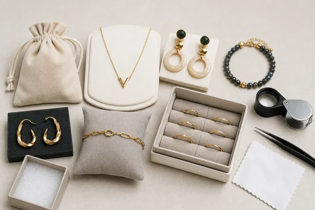 Varied jewelry niches with inspection and protective packaging accessories