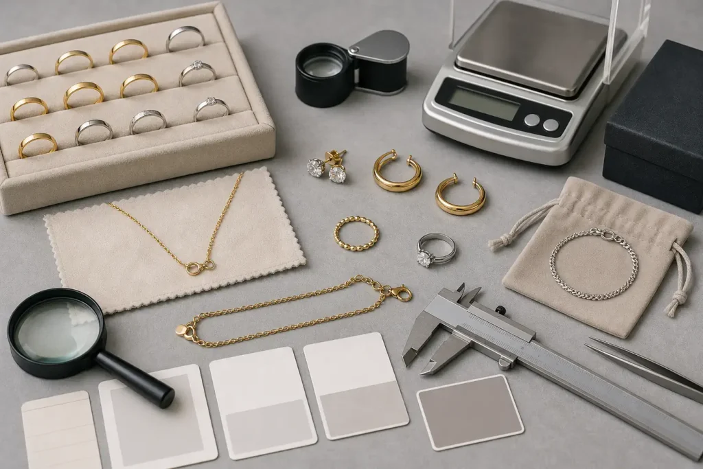 Jewelry samples undergoing detailed pre-listing quality inspection