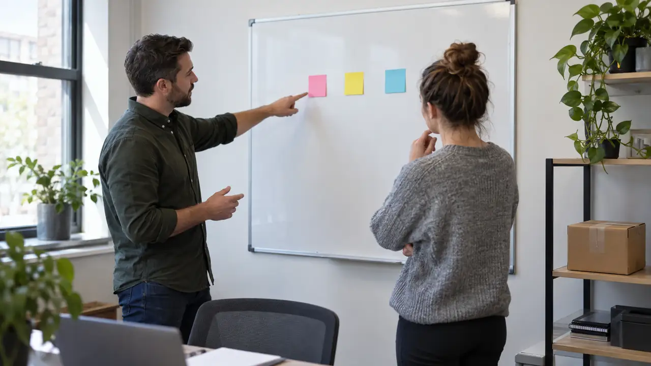Merchant and colleague reviewing an order exception workflow at a whiteboard