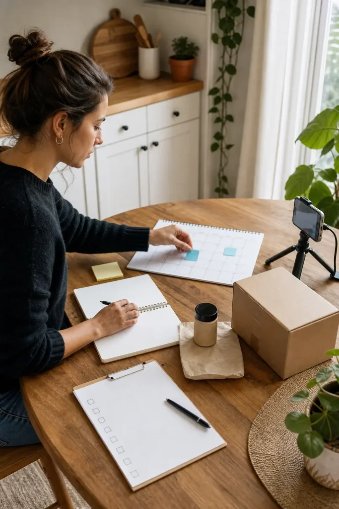A seller following a four-week learning and testing plan with notes, product samples, and a small controlled experiment