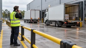 Illustrative logistics coordinator calling from a pedestrian bay beside parked delivery vehicles