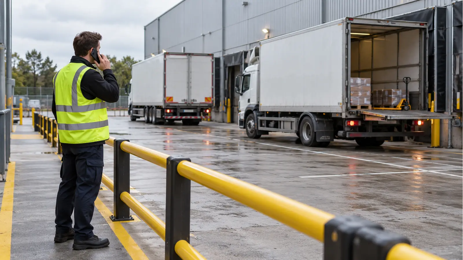 Illustrative logistics coordinator calling from a pedestrian bay beside parked delivery vehicles