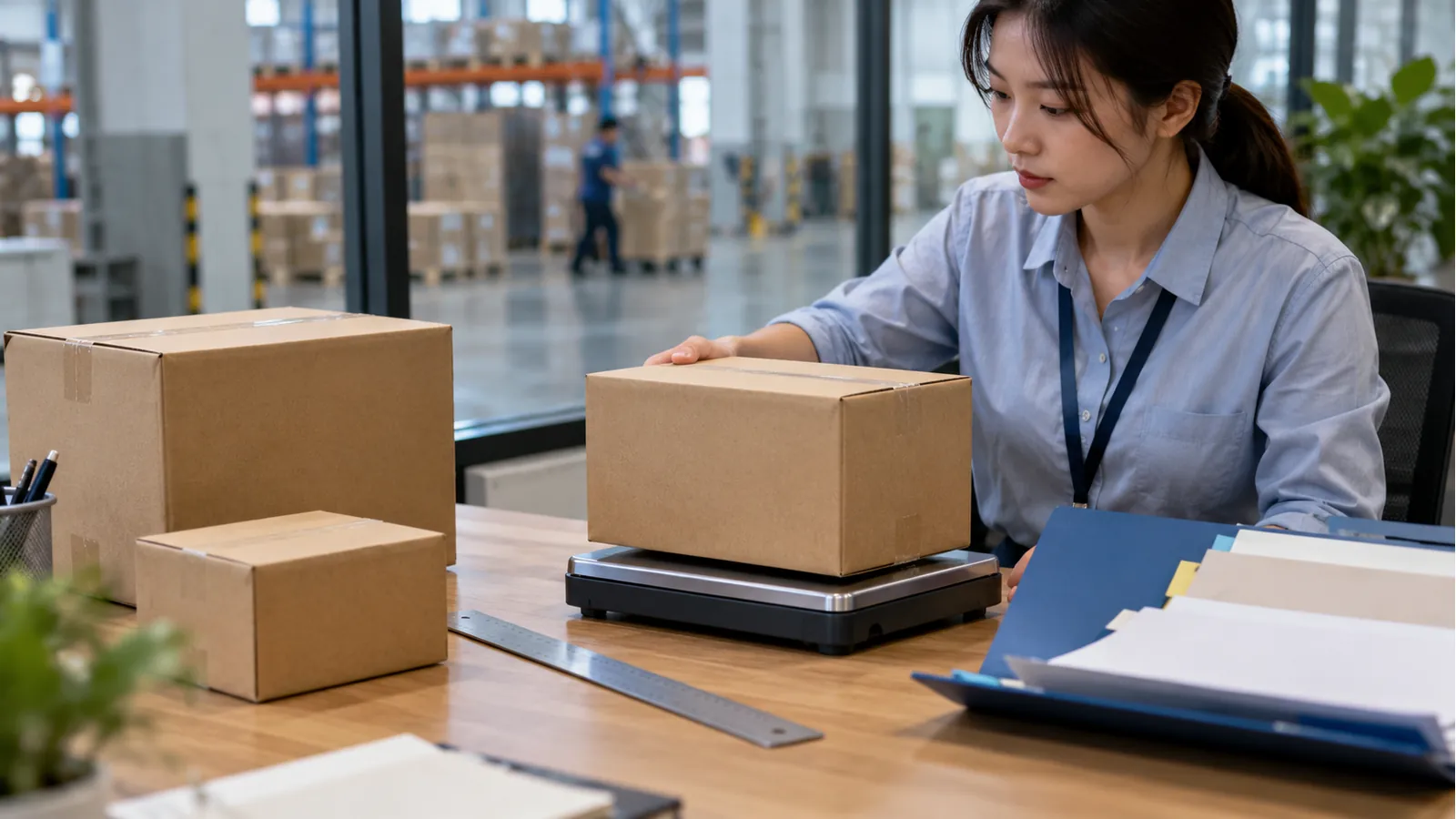 A purchasing worker checks a kraft carton on a scale beside smaller boxes, a ruler and a document folder
