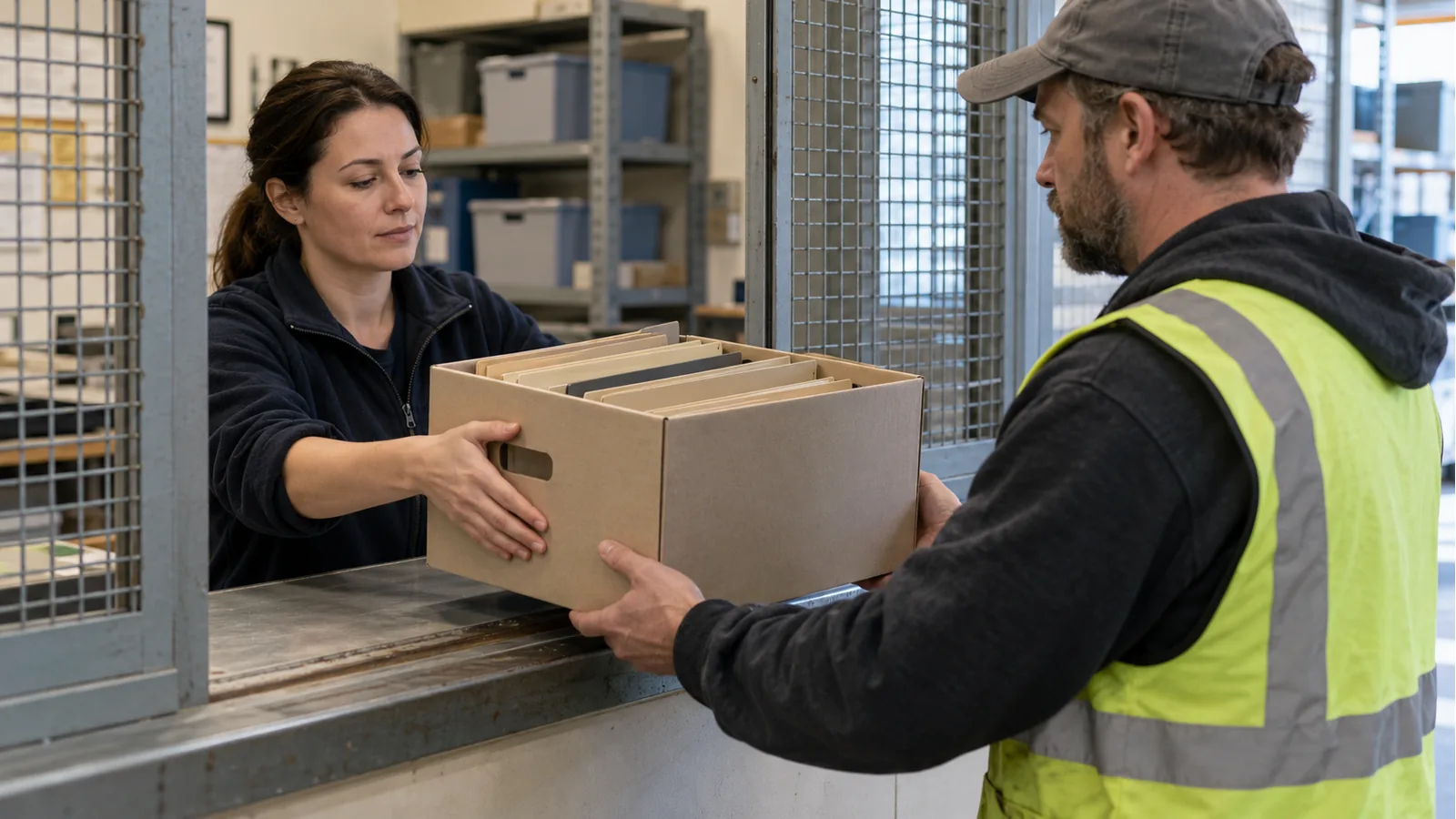 Two logistics staff passing a box of unmarked folders across a service counter