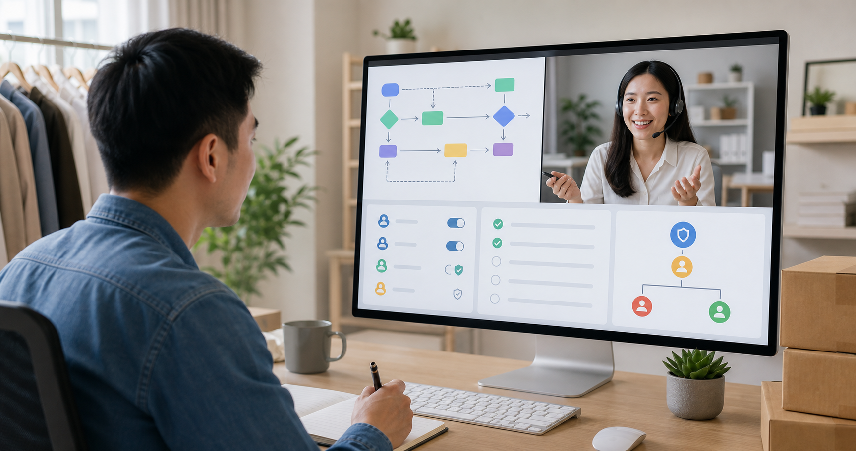 An owner and remote assistant reviewing SOPs, permissions, checklists, and escalation paths